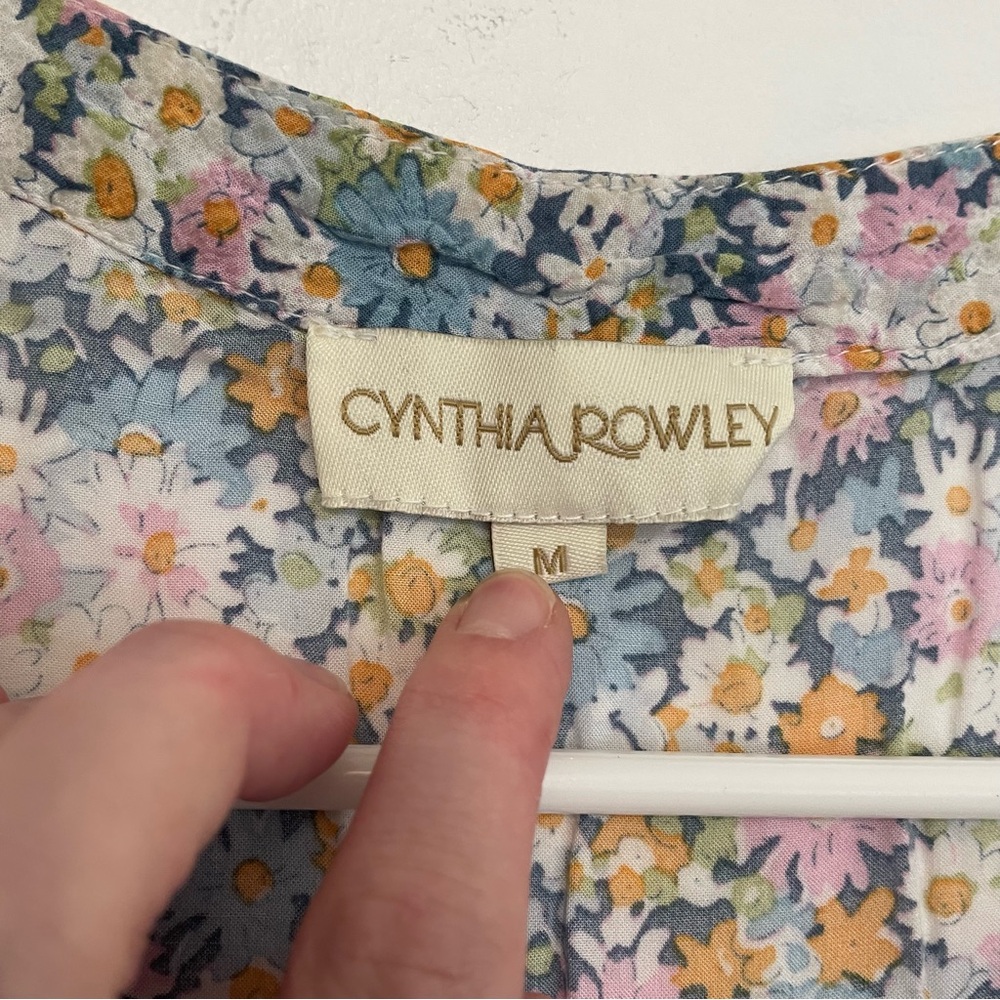 CYNTHIA ROWLEY Blue White Pink Multi Floral V-Neck 3/4 Sleeve Boho Summer Blouse - Picture 4 of 14